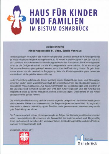 Zertifikat Haus für Kinder und Familien des Bistums Osnabrück